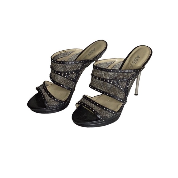 ABS Allen Schwartz Black Studded Stiletto Mesh Sandals Size 7.5M - Picture 1 of 11